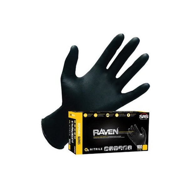 Guantes desechables de grado de examen de nitrilo sin polvo Sas Safety Raven - 7 mil - Pequeño, paquete de 100 - 66516