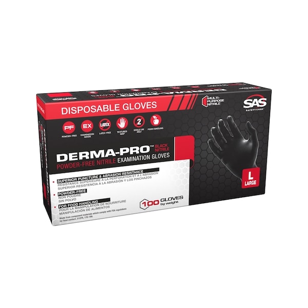 Sas Safety Derma-Pro, Guantes desechables de nitrilo, 4.5 mil Palma, Nitrilo, sin polvo, L, 100 piezas, Negro - 66543