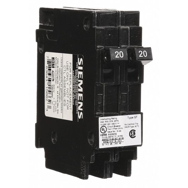 Siemens Miniature Circuit Breaker, Q Series, 20/20A, 1 Pole, 120/240V AC, 10kA at 120V AC - Q2020NC