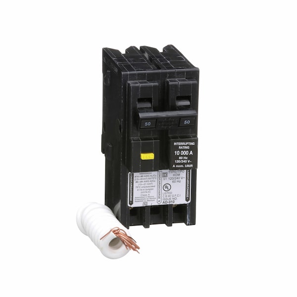 Square D Miniature Circuit Breaker, HOM Series, 50A, 2 Pole, 120/240V AC, 10kA, A Curve - HOM250GFICP