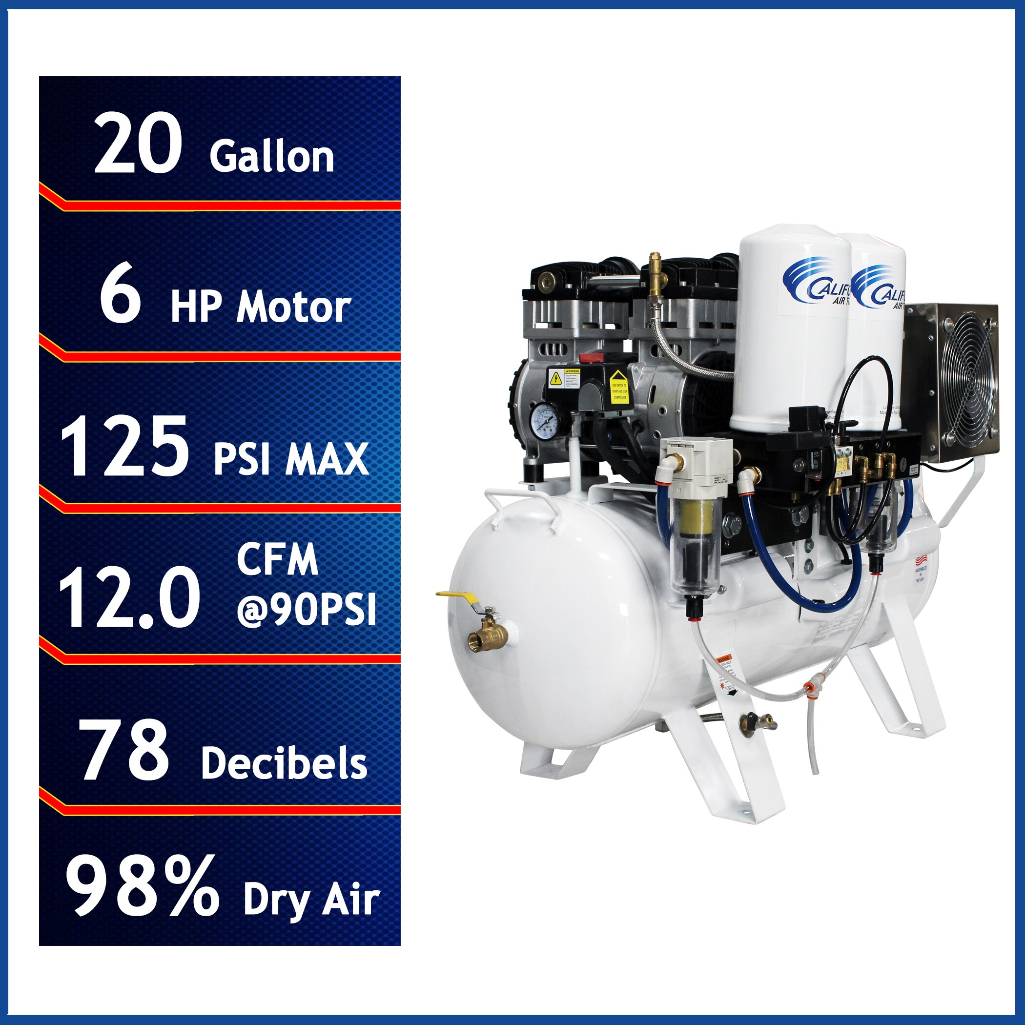 Herramientas de Aire de California Compresor de Aire Portátil Eléctrico Horizontal de 20 Galones a 125 PSI - 20060DCC