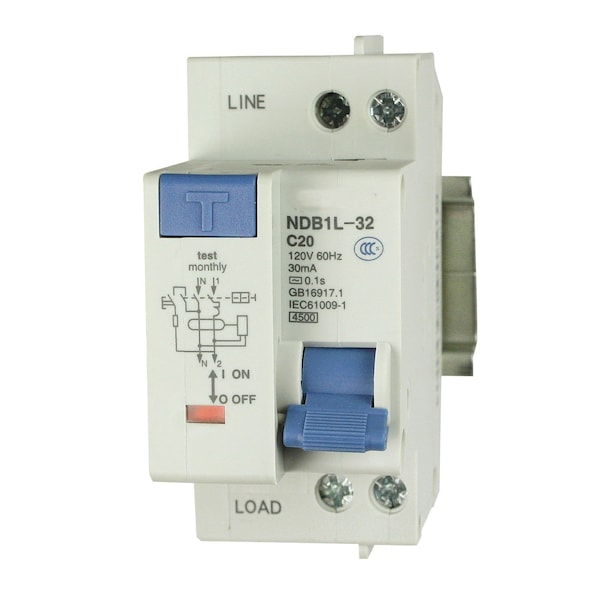 Asi Circuit Breaker, NDB1L-32C Series, 20A, 2 Pole, 120V AC, 4.5kA, C Curve - NDB1L-32C-20-120V