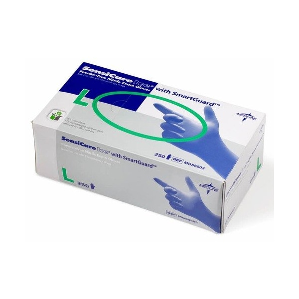 Medline Industries SensiCare Ice, Guantes de Examen de Nitrilo, 2.8 mil Palma, Nitrilo, Sin Polvo, L, 250 PK, Azul Violeta - MIIMDS6803