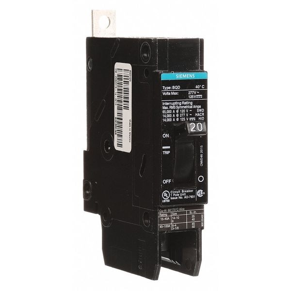 Siemens Miniature Circuit Breaker, BQD Series, 20A, 1 Pole, 277V AC, 14kA at 277V AC - BQD120