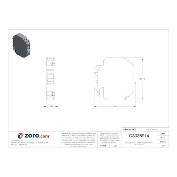 Schneider Electric Circuit Breaker, GB2 Series, 1A, 1 Pole, 250/277V AC, 50kA at 240V AC - GB2CB06