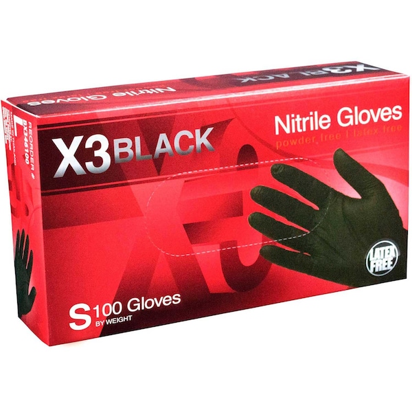 Ammex X3, Guantes Desechables de Nitrilo, 3 mil Palm, Nitrilo, Libre de Polvo, S, Negro - BX342100