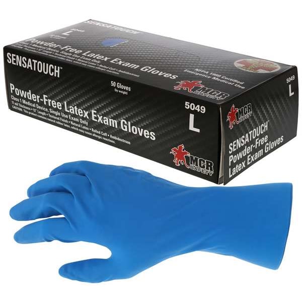 Mcr Safety SensaTouch 5049, Guantes médicos desechables de grado médico, 11 mil de palma, látex, sin polvo, L, 50 unidades, azul - 5049L