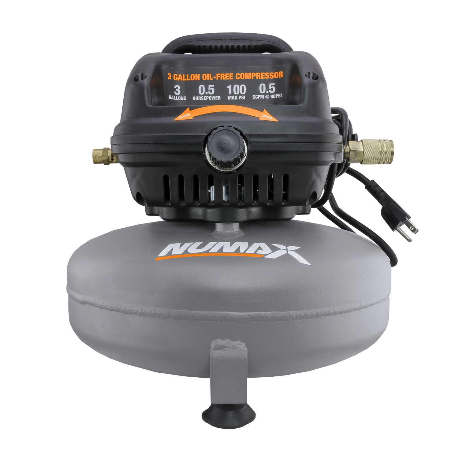 Compresor de aire portátil Numax Numax de 3 galones, eléctrico, de 100 PSI con forma de panqueque y accesorios incluidos - S3GI12CK.