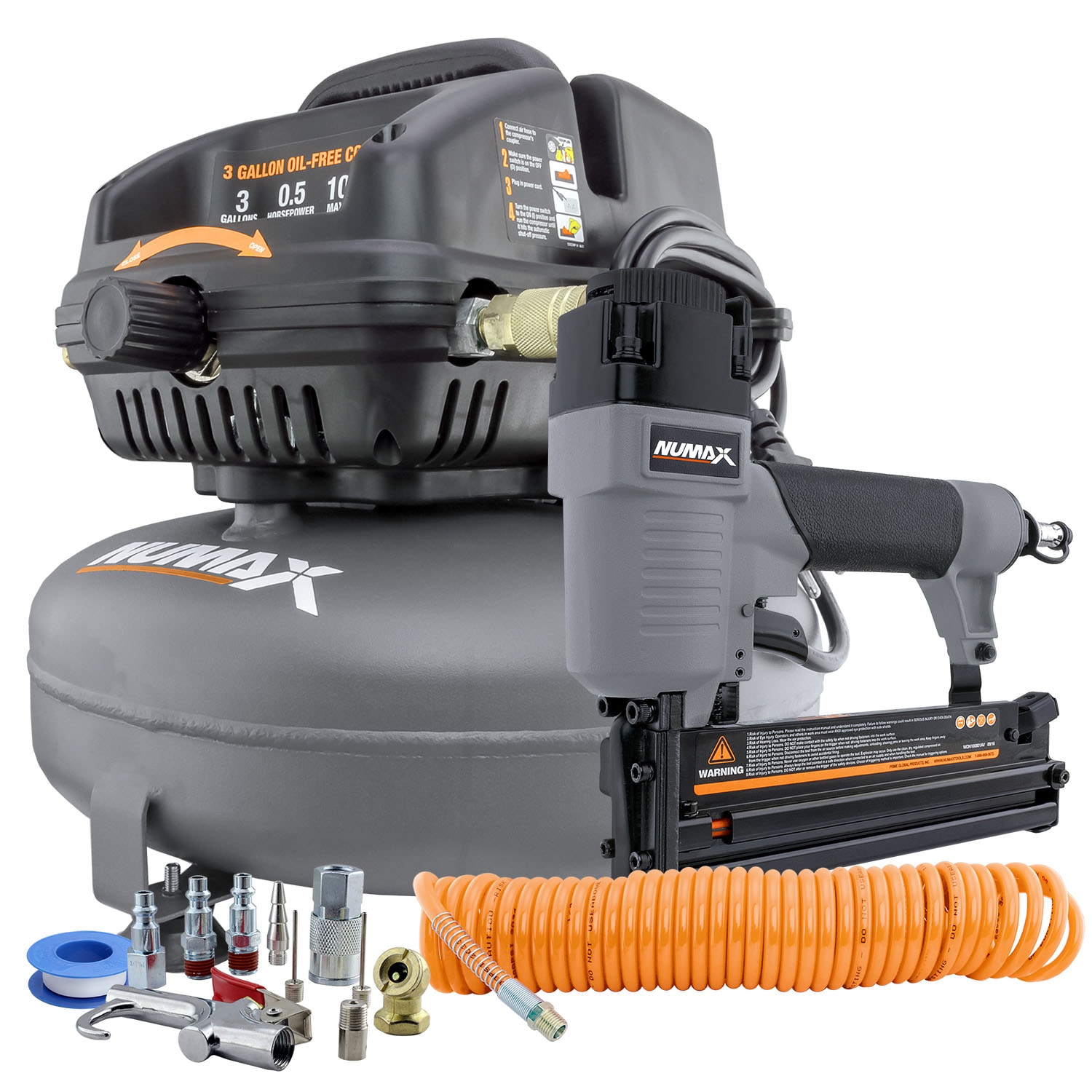 Compresor de aire portátil Numax Numax de 3 galones, eléctrico, de 100 PSI con forma de panqueque y accesorios incluidos - S3GI12CK.
