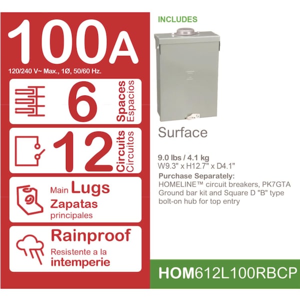 Square D Load Center, 120/240V AC, 100A, 6 Poles - HOM612L100RBCP