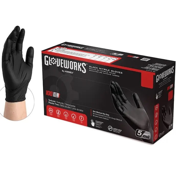 Guantes desechables de nitrilo Gloveplus, palma de 5 mil, nitrilo, sin polvo, XL, paquete de 100, negro - GPNB48100