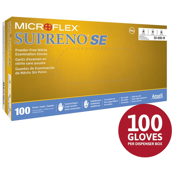 Ansell Supreno SE SU-690, Guantes desechables, 4.3 mil en la palma, Nitrilo, sin polvo, XL, paquete de 100, color azul violeta - SU-690.
