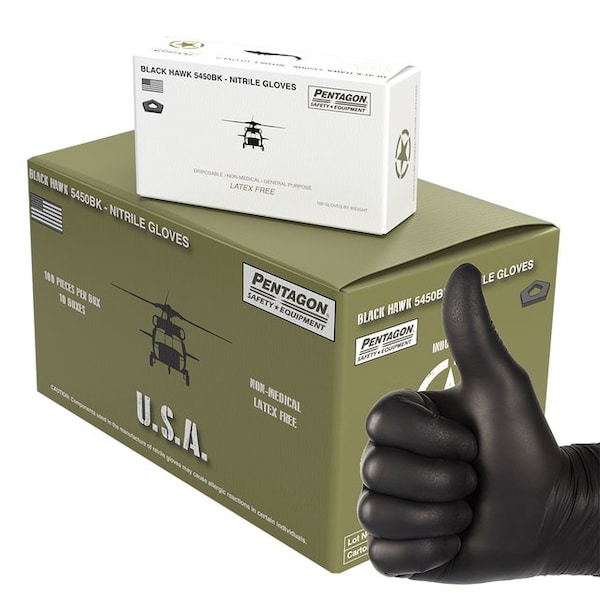Equipo de seguridad del Pentágono BlackHawk, Guantes desechables de nitrilo, 5 mil de espesor en la palma, nitrilo, sin polvo, talla L, paquete de 1000, negro - N1S-5-MR.