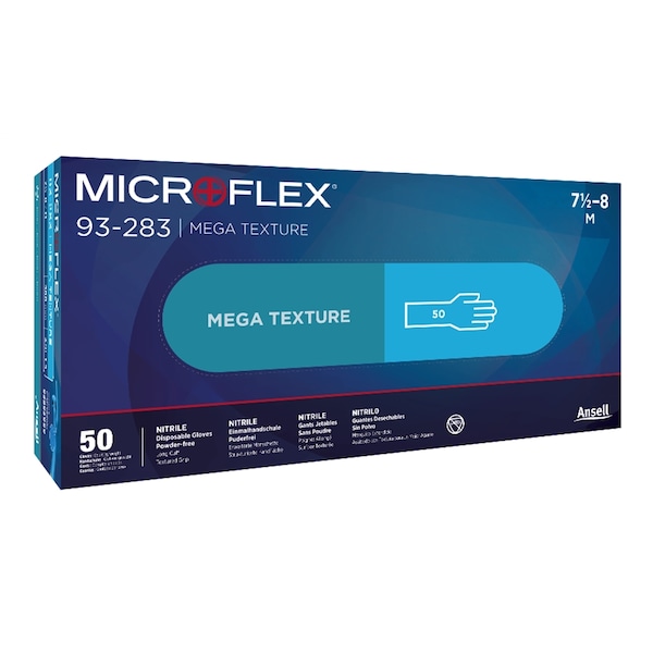 Guantes desechables de nitrilo Ansell Mega Texture, 7.9 mil en la palma, nitrilo, sin polvo, talla 3XL, paquete de 50, azules - 93283120