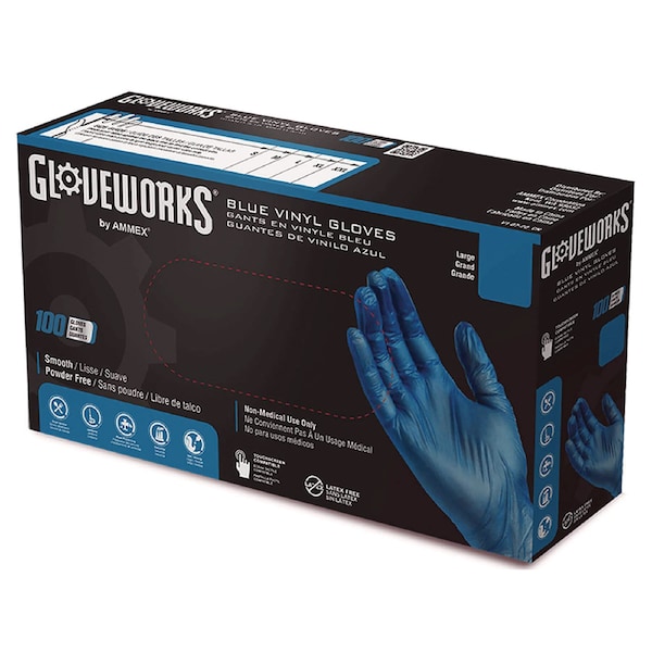 Guantes de vinilo industrial Gloveworks de Ammex, sin polvo, 3 mil, extra grande, azules, paquete de 1000 - IVBPF48100.