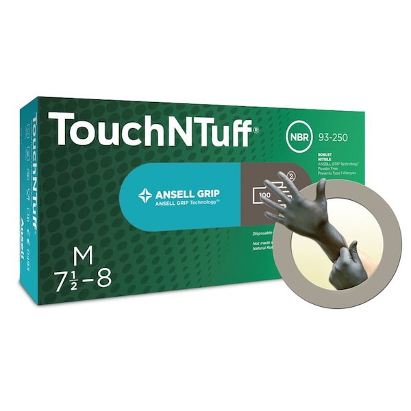 Ansell TouchNTuff 93-250, Guantes desechables de nitrilo, 5.1 mil de grosor en la palma, nitrilo, sin polvo, talla M, paquete de 100, color gris - 93250080