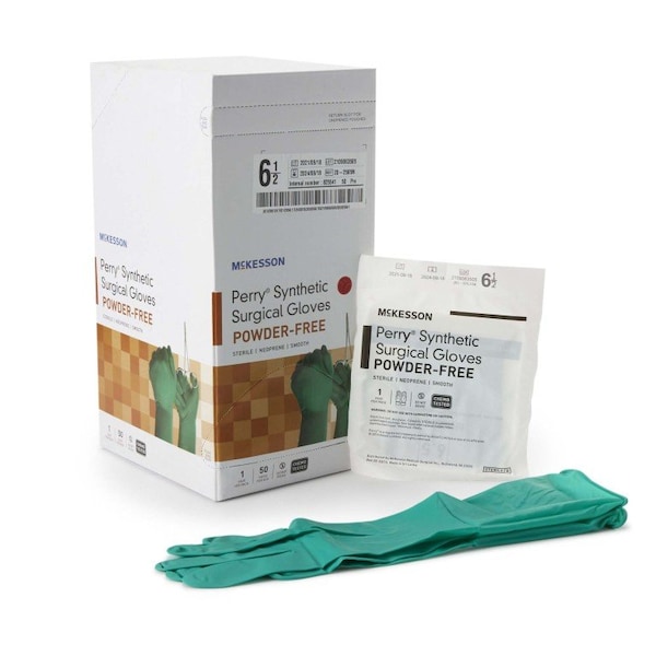 Guantes quirúrgicos de polímero Performance Plus de Mckesson Perry, 7.9 mil de palma, poli-cloropreno, sin polvo, talla 6.5, paquete de 400, color verde - 20-2565N.