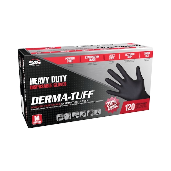 Sas Safety Derma-Tuff, guantes desechables de nitrilo de 6 mil de grosor, nitrilo, sin polvo, M, 120 piezas, negro - 66582