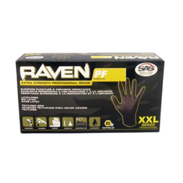 Sas Safety Raven, Guantes Desechables de Nitrilo, 6 mil Palm, Nitrilo, Sin Polvo, S, Negro - SA99419