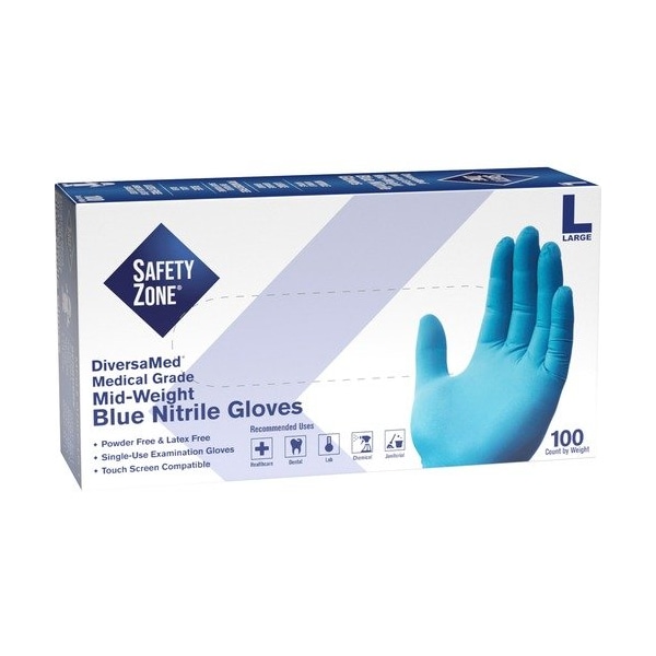 La Zona de Seguridad GNEP-1, Guantes Desechables de Nitrilo, 3.7 mil de Palma, Nitrilo, Sin Polvo, L, 100 piezas, Azul - SZNGNEPLG1