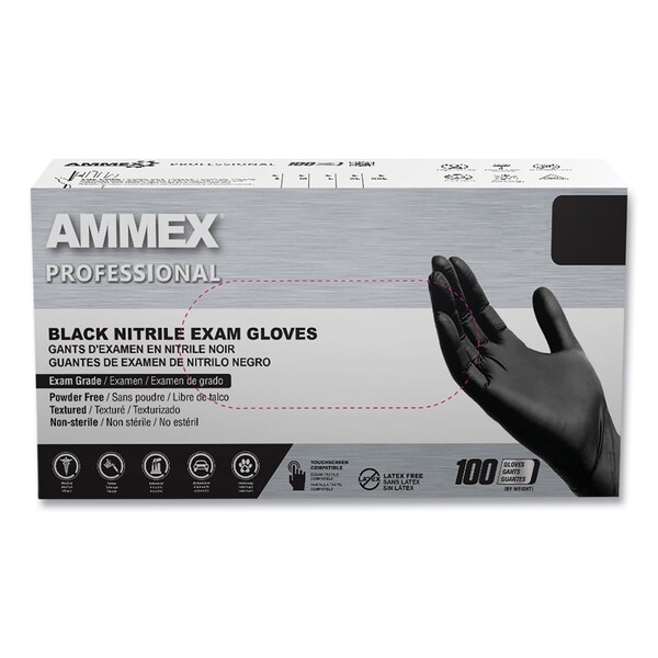 Guantes de Examen de Nitrilo Profesional Ammex, sin Polvo, 3 mil, Extra-Grandes, Negros, Paquete de 1000 - ABNPF48100
