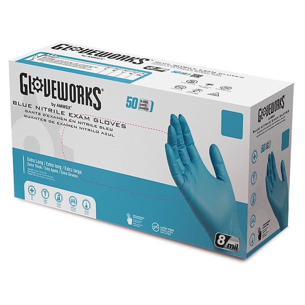 Guantes de examen de nitrilo azul sin polvo Gloveworks de Ammex, tamaño grande, azul, 8 mil, paquete de 500 - GPNHD66100