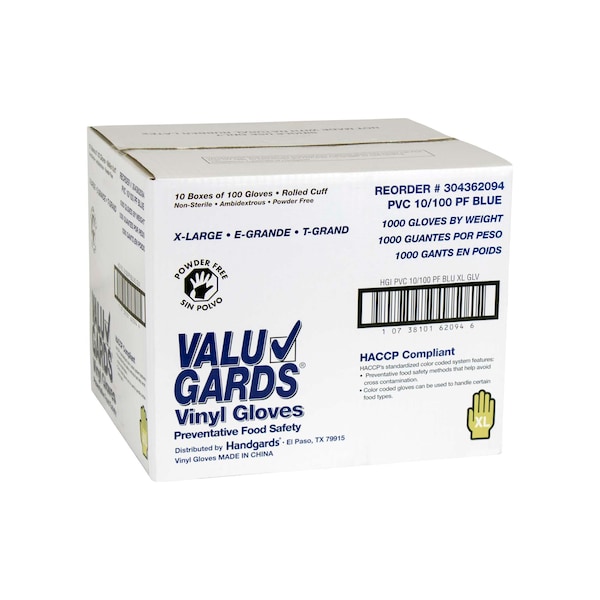 Valugards Valugards Blue V, Guantes Desechables de Vinilo, Vinilo, Sin Talco, XL, 1000 PK, Azul - 304362094