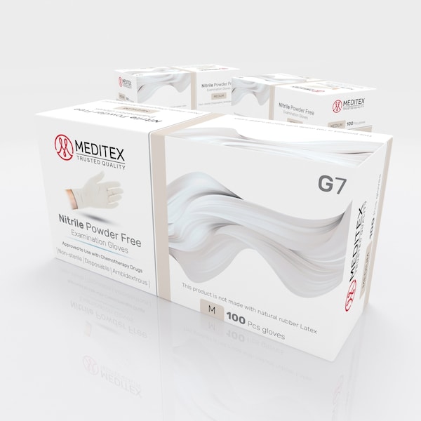 Guantes de Examen de Nitrilo Meditex G7, 4 mil de Grosor en la Palma, Nitrilo, Sin Polvo, M, 1 Paquete, Blanco - M