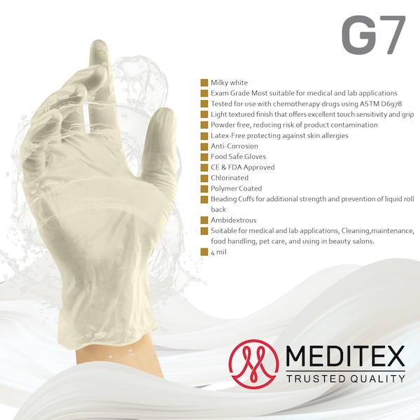 Guantes de Examen de Nitrilo Meditex G7, 4 mil de Grosor en la Palma, Nitrilo, Sin Polvo, M, 1 Paquete, Blanco - M