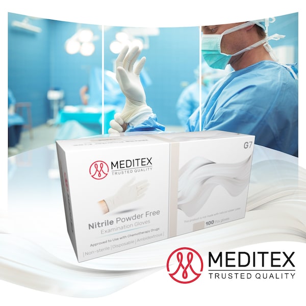 Guantes de Examen de Nitrilo Meditex G7, 4 mil de Grosor en la Palma, Nitrilo, Sin Polvo, M, 1 Paquete, Blanco - M