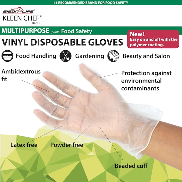 Guantes desechables de vinilo Kleen Chef, vinilo, L, paquete de 100, transparentes - KC-MS-L-FHVG-1CL