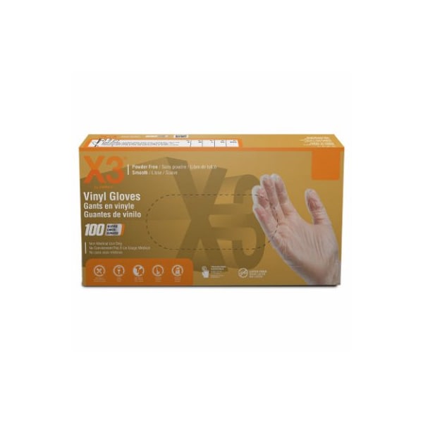 Ammex X3, Guantes desechables de vinilo, 3 mil en la palma, vinilo, sin polvo, L, transparentes - GPX346100