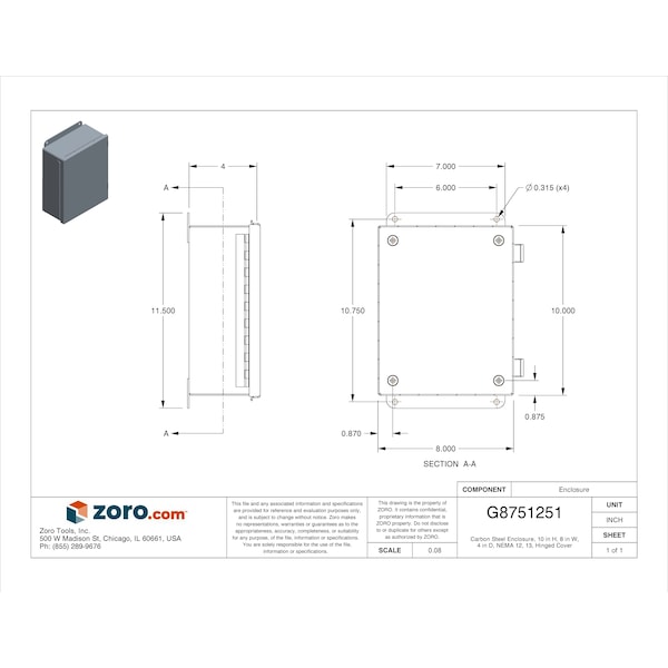Nvent Hoffman Carbon Steel Electrical Enclosures, 10 in H, 4 in D, 8 in W, NEMA 12, Hinged - A1008CHQR