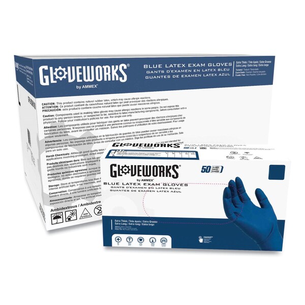 Gloveworks Por Ammex Guantes de Examen de Látex, sin Polvo, Extra Grande, Azules, Paquete de 500 - GPLHD88100