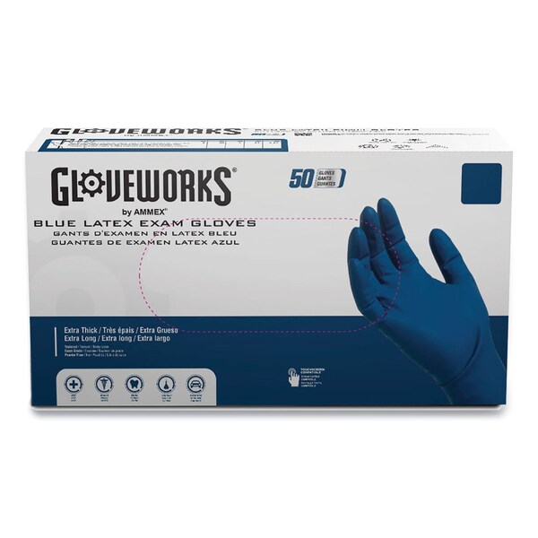 Gloveworks Por Ammex Guantes de Examen de Látex, sin Polvo, Extra Grande, Azules, Paquete de 500 - GPLHD88100