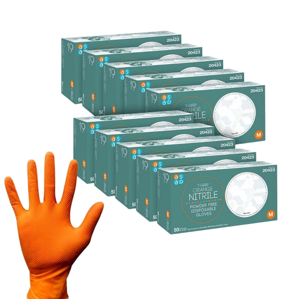 Guante desechable Asap, palma de 7 mil, de nitrilo, sin polvo, talla grande, paquete con 500 piezas, color naranja - 20425