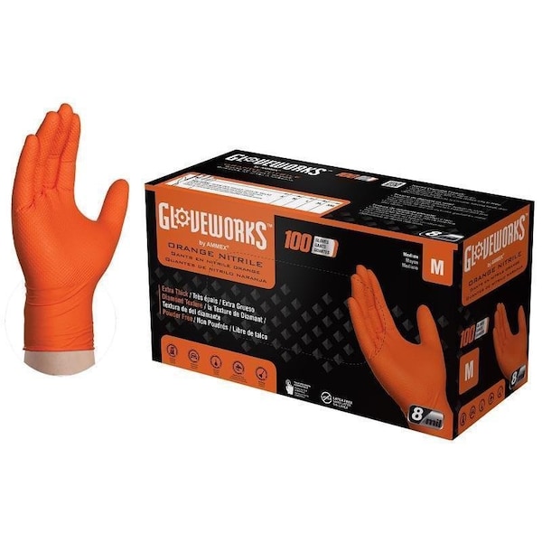 Guantes desechables de servicio pesado Gloveworks, M, Nitrilo, sin polvo, naranjas, 9-1/2 pulgadas de largo - GWON44100
