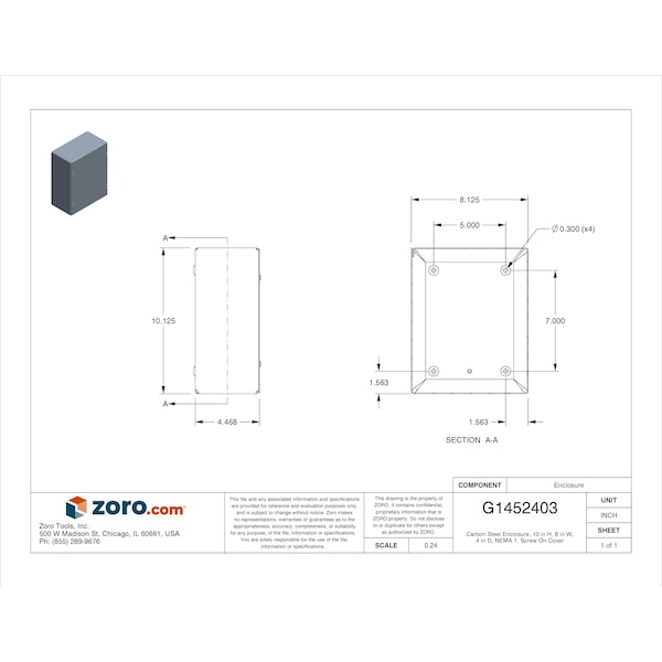 Wiegmann Carbon Steel Electrical Enclosures, 10 in H, 4 in D, 8 in W, NEMA 1, Screw On - SC081004NK