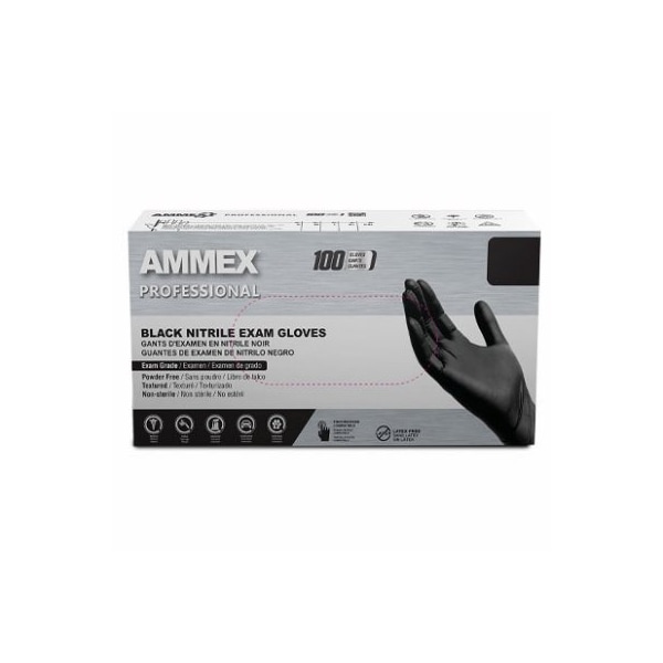 Guantes de examen de nitrilo Ammex, nitrilo, sin polvo, M, negro - ABNPF44100