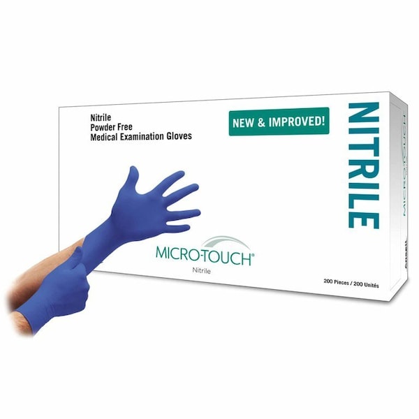 Guante de examen de nitrilo Micro-Touch tamaño grande, no estéril, con puño estándar, y yema de los dedos texturizada en color azul, paquete de 2000 - 6034303.