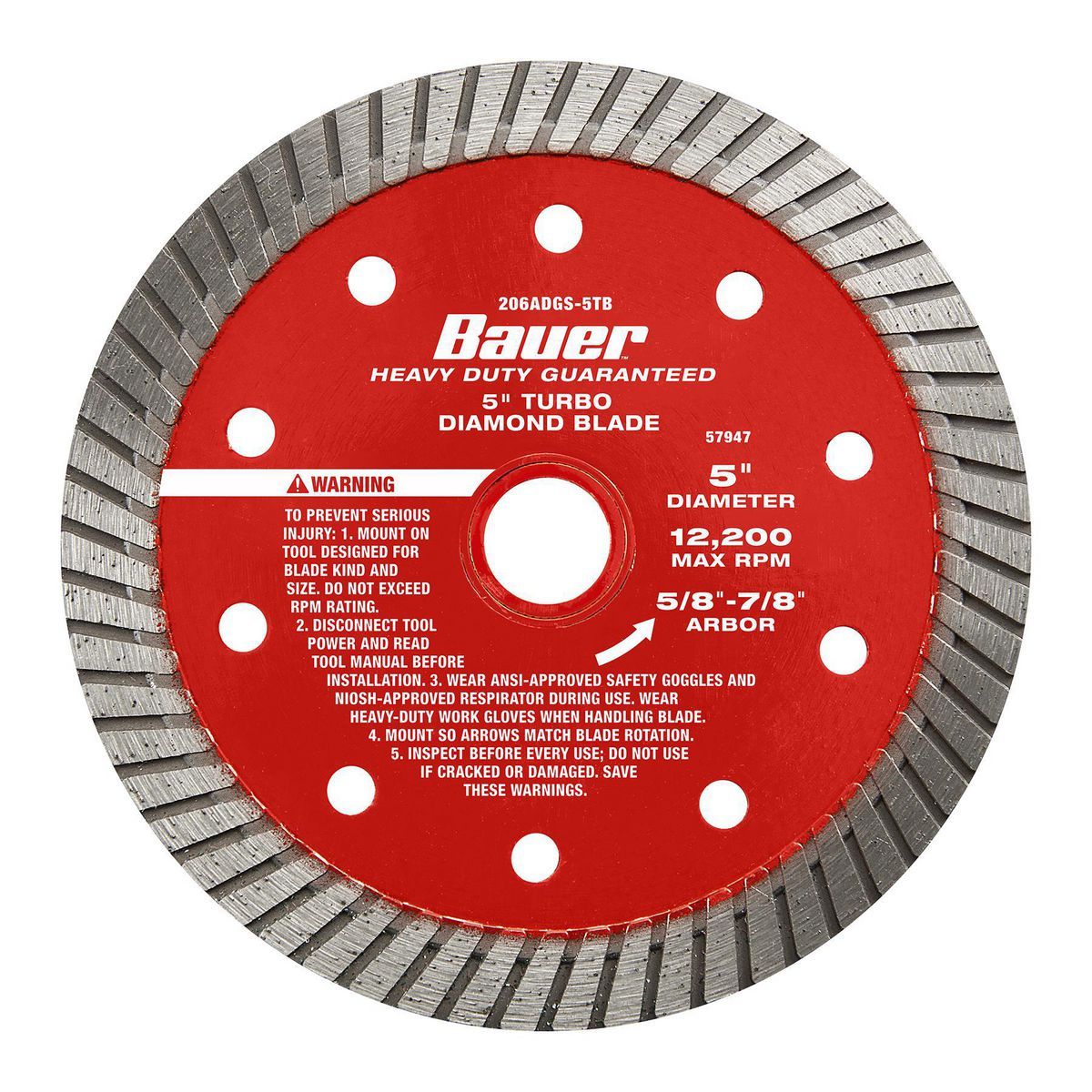 Cuchilla de sierra de diamante de corte en húmedo o en seco con borde turbo de 5 pulgadas de Bauer - 57947