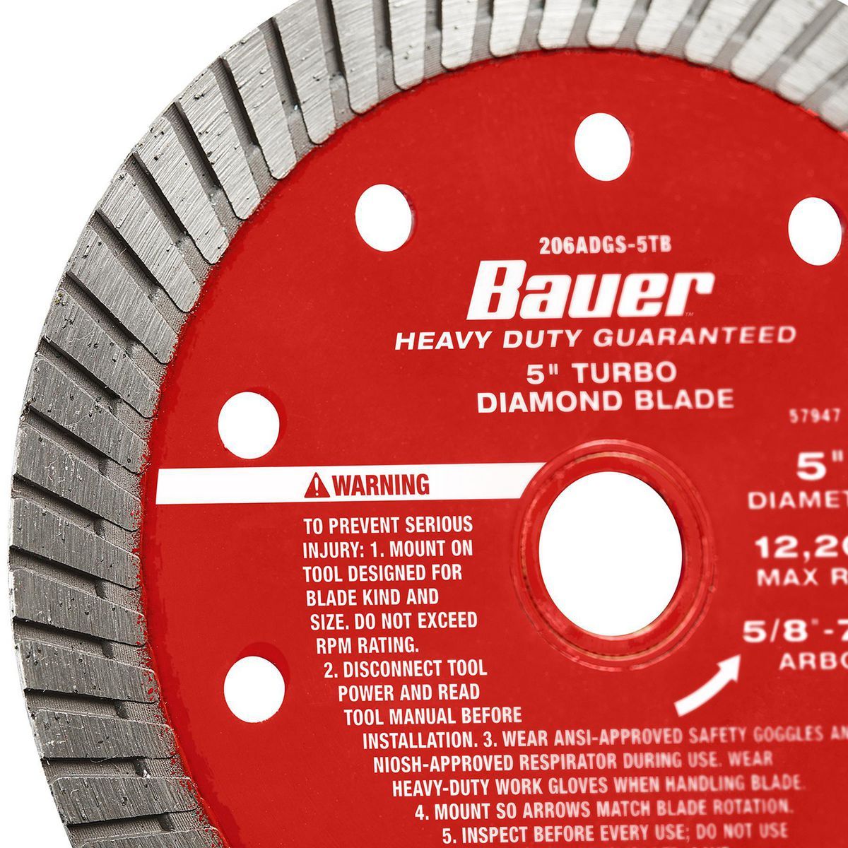 Cuchilla de sierra de diamante de corte en húmedo o en seco con borde turbo de 5 pulgadas de Bauer - 57947