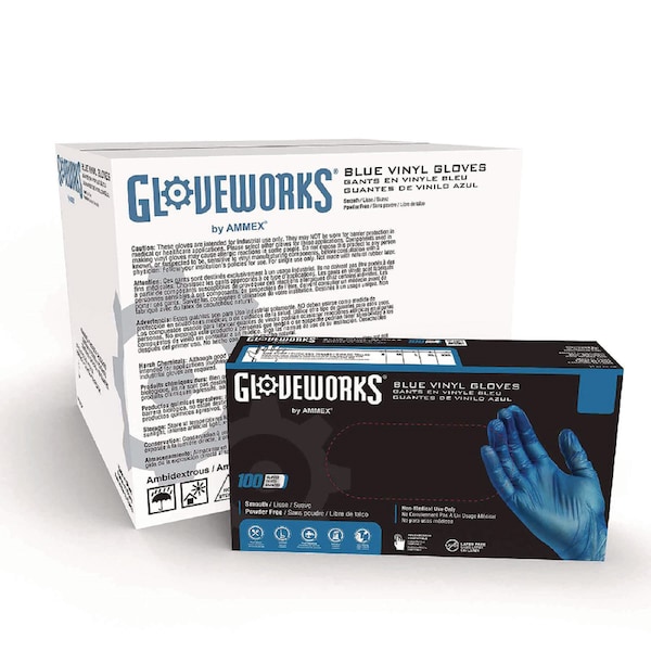 Gloveworks de Ammex Guantes de Vinilo Industriales, Sin Polvo, 3 mil, Grande, Azul, 1000PK - IVBPF46100