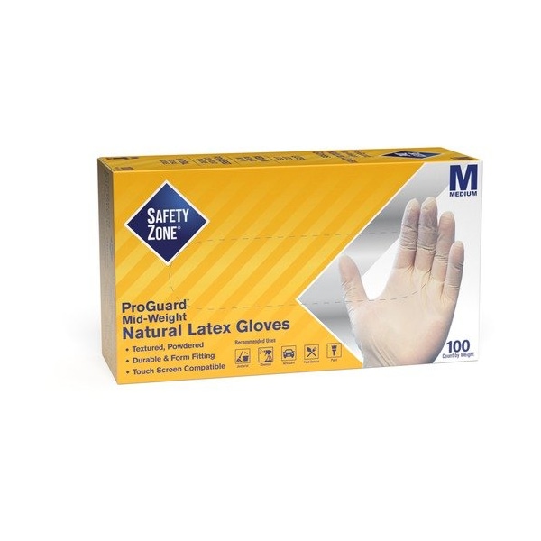 Zona de seguridad GRDR-1T, guantes desechables de látex, 4 mil en la palma, látex, con polvo, Talla M, paquete de 100, Natural - SZNGRDRMD1T.