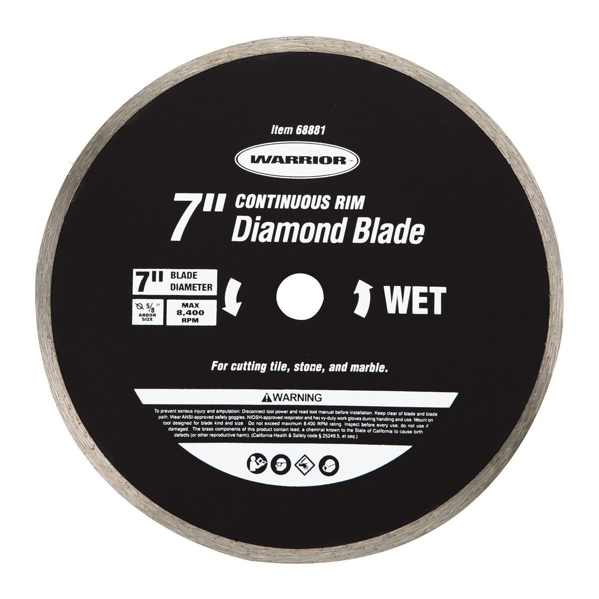 Sierra para cortar azulejos mojados Warrior de 7 pulgadas con borde continuo y hoja de diamante para albañilería - 68881.