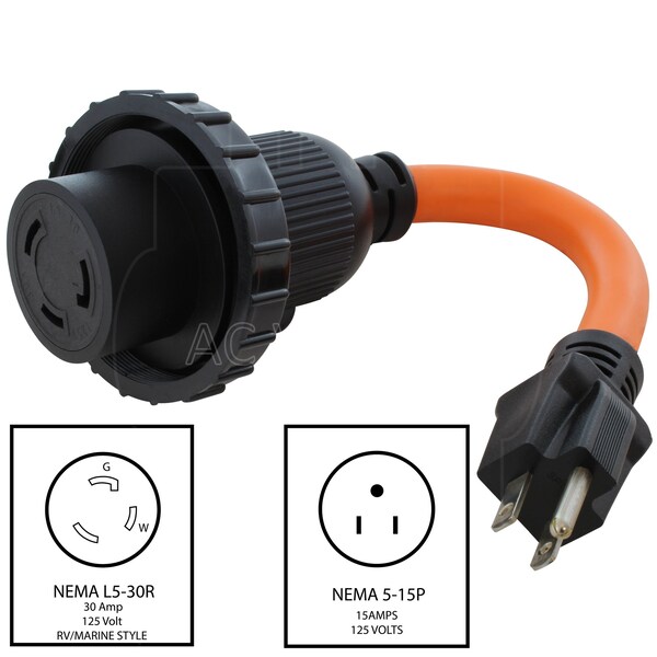 Ac Works 1ft Household Adapter 15A Plug to 30A RV/Marine L5-30R Female Connector - RV515M30-012