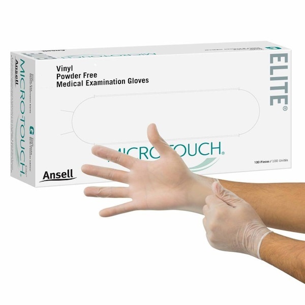 Guante de examen Micro-Touch Elite Grande de Vinil Estirable sin Esterilizar con Puño Estándar en Color Marfil Liso, 100 piezas - 3093