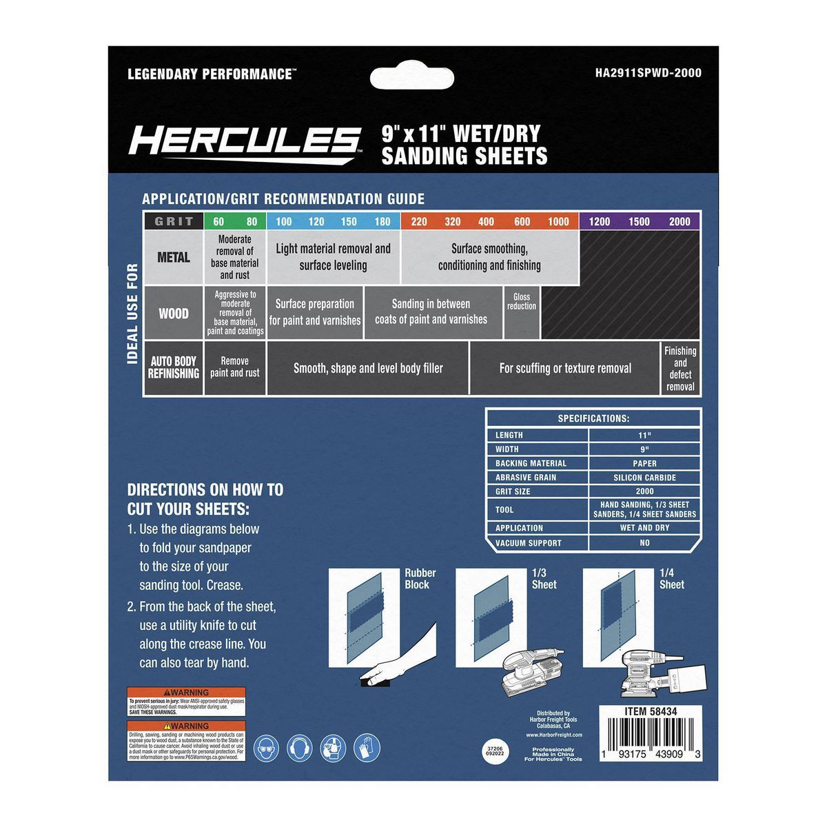 Hercules 9 pulg. x 11 pulg. Hojas de lijado húmedo/seco de grano de carburo de silicio de 2000 Grit, paquete de 5 - 58434