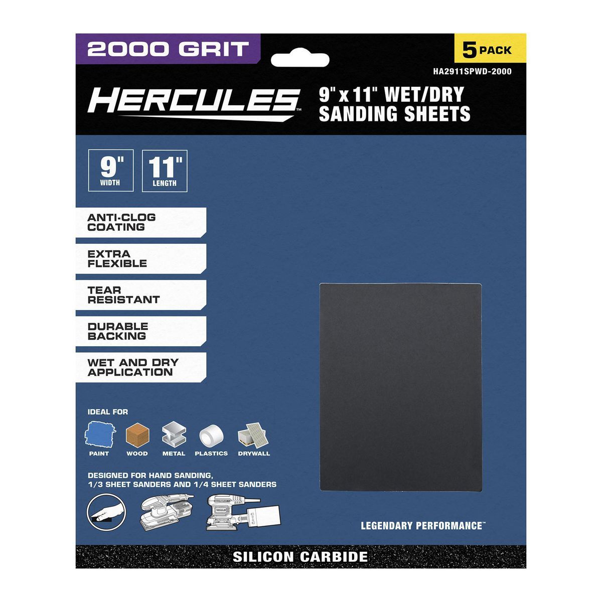 Hercules 9 pulg. x 11 pulg. Hojas de lijado húmedo/seco de grano de carburo de silicio de 2000 Grit, paquete de 5 - 58434