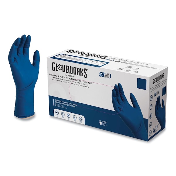 Gloveworks Por Ammex Guantes de Examen de Látex Azul, Sin Polvo, Talla Grande, 500 Paq - GPLHD86100